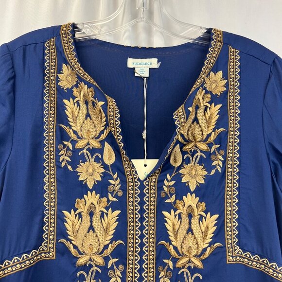 Sundance Women’s Embroidered Shift Dress Short Sleeve Blue/Gold XS New Pockets - Picture 3 of 10